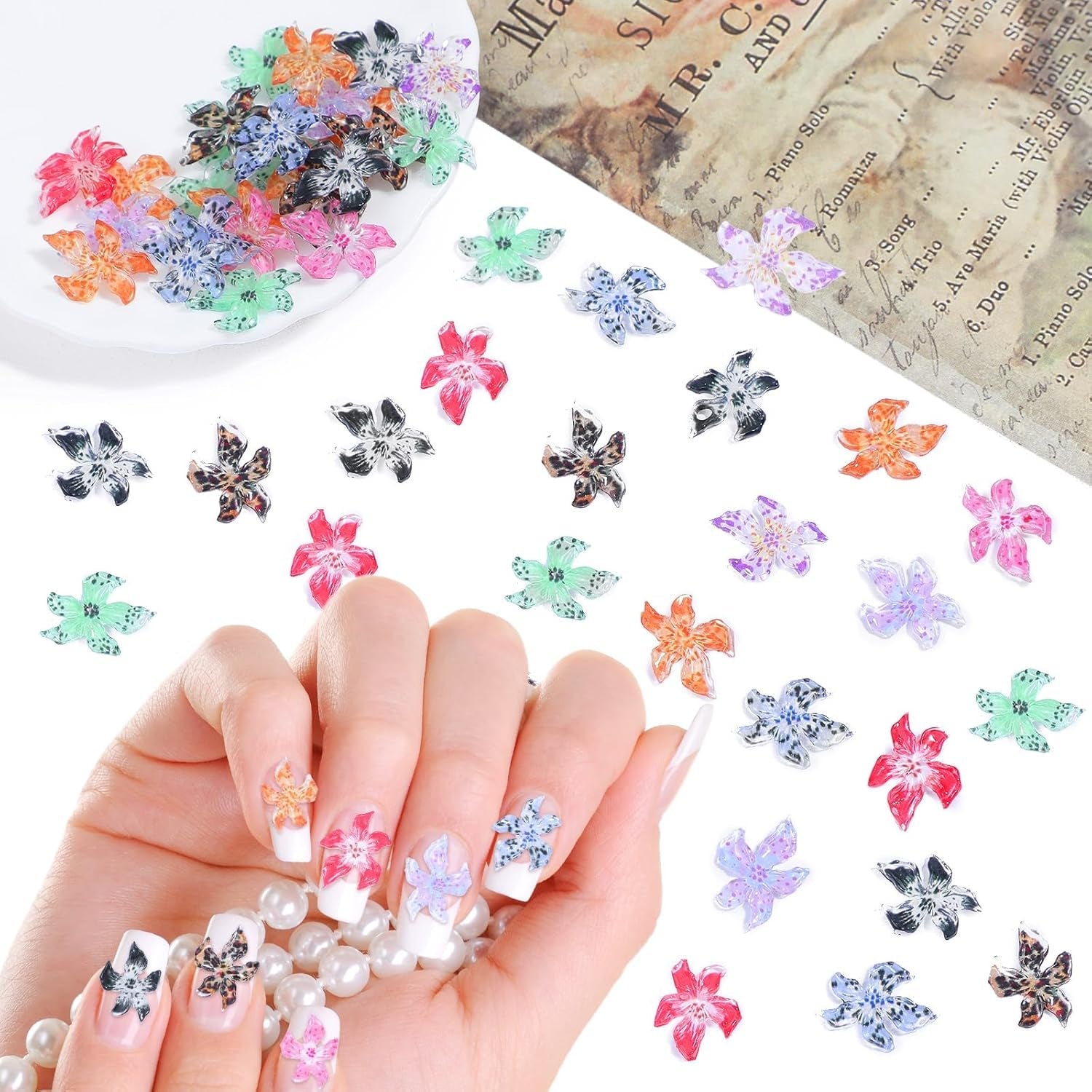 50 st 3D Blumen Nägel Nail Charms Bunt Gelee Weich Kleber Lilie Flower Blume Nagel Hibiscus Zubehör Nageldesign Eis Kristall Geprägt Farbverlauf Lilien Für Mädchen Frauen Diy Basteldekoration