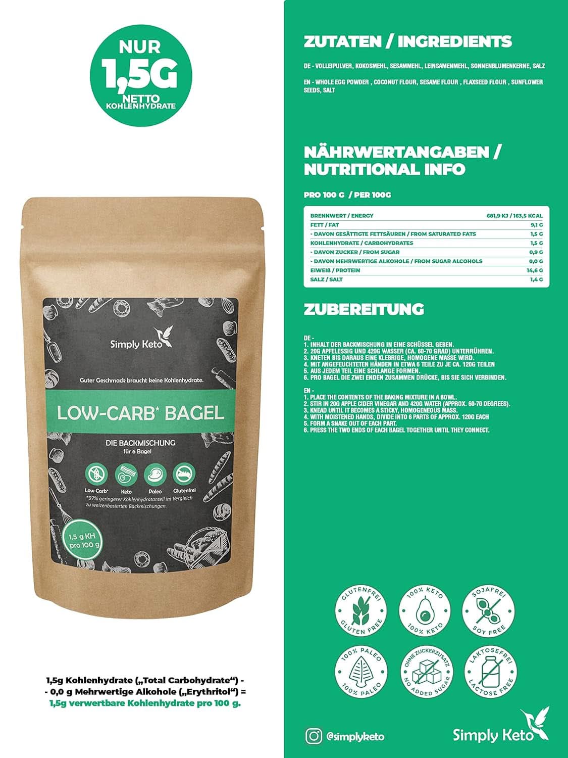 Helt enkelt Keto Lower Carb* Bagel Baking Mix för Lower Carb* och ketogen kost - laktos- och glutenfri - 335 gram Naty Shop Kitchen