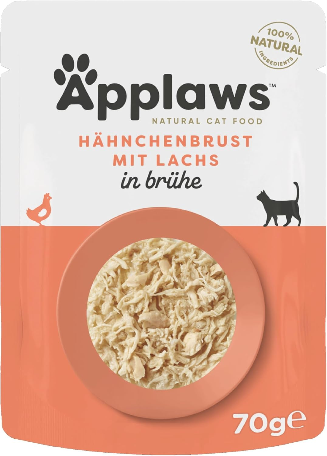 Applaws 100 % naturligt våtmat för katter, kycklingbröst med lax i buljong - förpackning med 12 70 g påsar