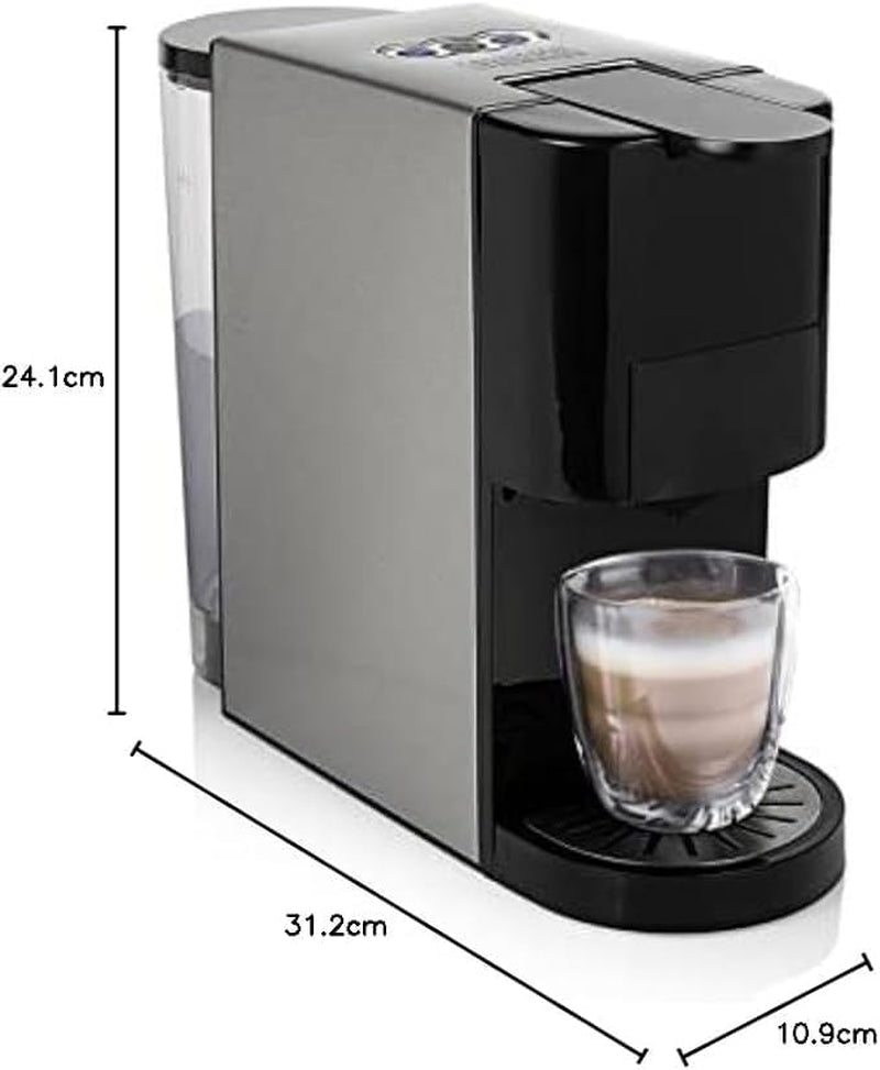 Princess 5 i 1 multikapsel espressomaskin - kompatibel med Nespresso, Dolce Gusto, Lavazza a Modo Mio och ESE-kuddar, 0,8L Kapacitet, 1450W, Silver, Svart