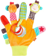 Fehn Play Glove Safari - Fingerdockor Babyleksak Apa & elefant för att greppa och göra ljud & mjuk bilderbok Bruno - Touch Book för barn med djurmotiv Babyleksaker Naty Shop