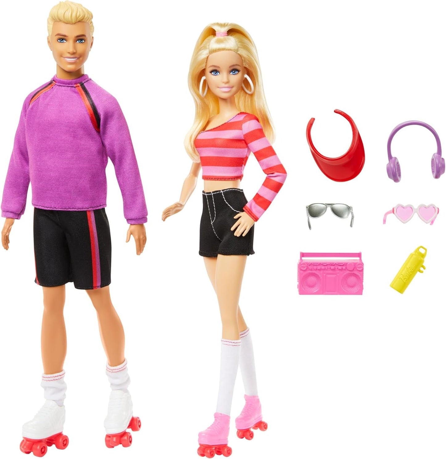 Barbie Fashionistas Set med 2 modedockor och 6 tillbehör, Barbie och Ken rullskridskomodedockor, 65-årsjubileumsfigurer, HXK90