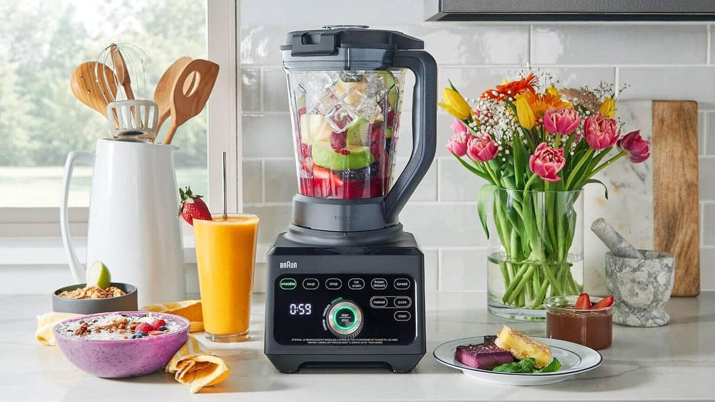 Braun Hochleistungsmixer Powerblend 9 JB9040 – Standmixer Mit Glas-Mixkrug, 18 Mixprogram, 10 Geschwindigkeiten + Pulsefunktion, Heiße Suppen Funktion, Reinigungsprogramm, Stampfer, 1600 W, Schwarz Kitchen Naty Shop