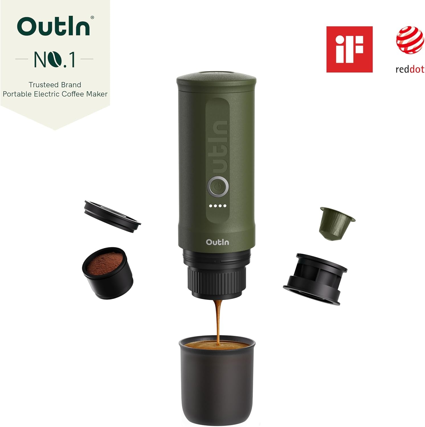 OutIn Nano bärbar elektrisk espressomaskin, campingkaffebryggare, USB-C självuppvärmande, kompatibel med malet kaffe och NS-kapslar