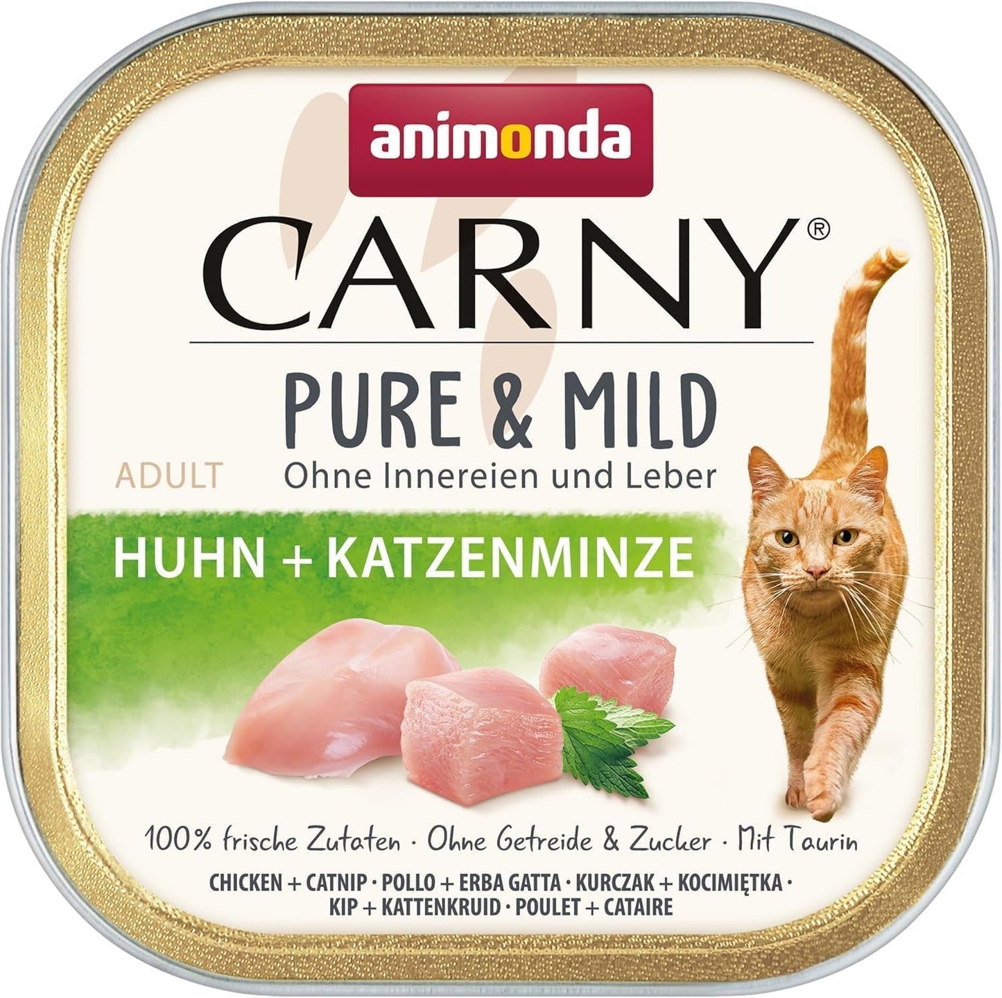 Vuxen Pure & Mild våtfoder med kyckling och kattmynta (32 x 100 g), för känsliga katter, spannmålsfri och sockerfri, lättsmält våtfoder med kyckling