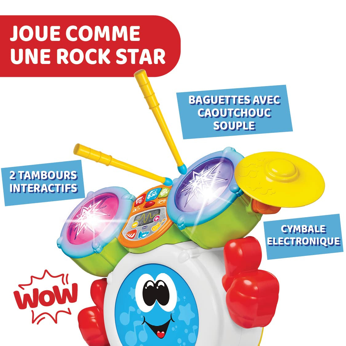 Chicco 00009820100000 Mi första trumset med ljus och ljud, 3 spellägen Musikinstrument med batteri för barn, flerfärgad, stor Jucarii Bebe Naty Shop
