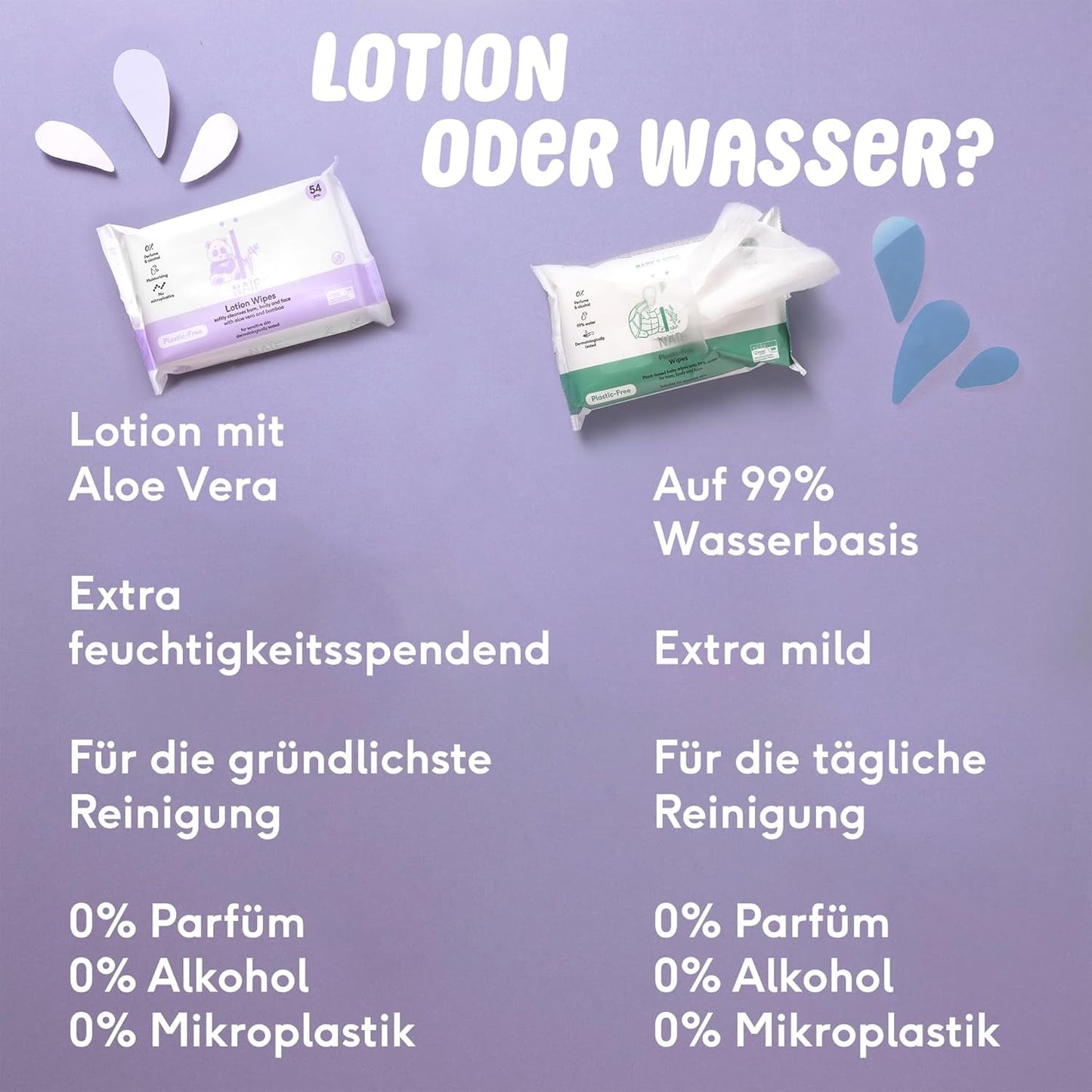 Naïf - Plastfria våtservetter - 864 stycken (16 förpackningar med 54 våtservetter) - Vård för bebisens rumpa, kropp och ansikte - 99% vatten - 0% parfym och alkohol