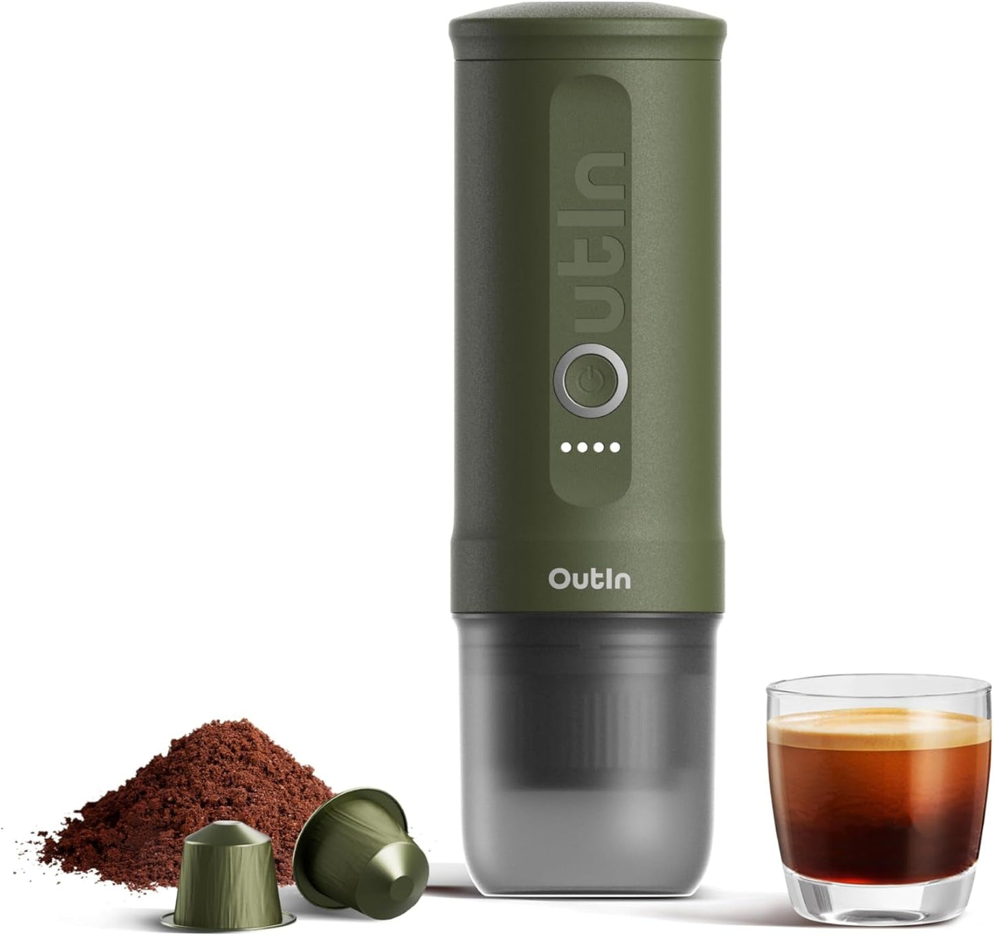 OutIn Nano bärbar elektrisk espressomaskin, campingkaffebryggare, USB-C självuppvärmande, kompatibel med malet kaffe och NS-kapslar