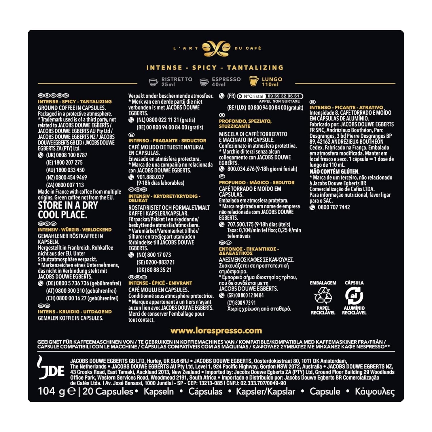 L'OR Espresso Koffiekoppar Lungo Profondo (200 Lungo Koffie Kapslar, Gesicht voor Nespresso* Koffiemaskiner, Intensitet 08/12, 100 % Arabica Koffie, UTZ Gecertificeerd), 10 x 20 koppar