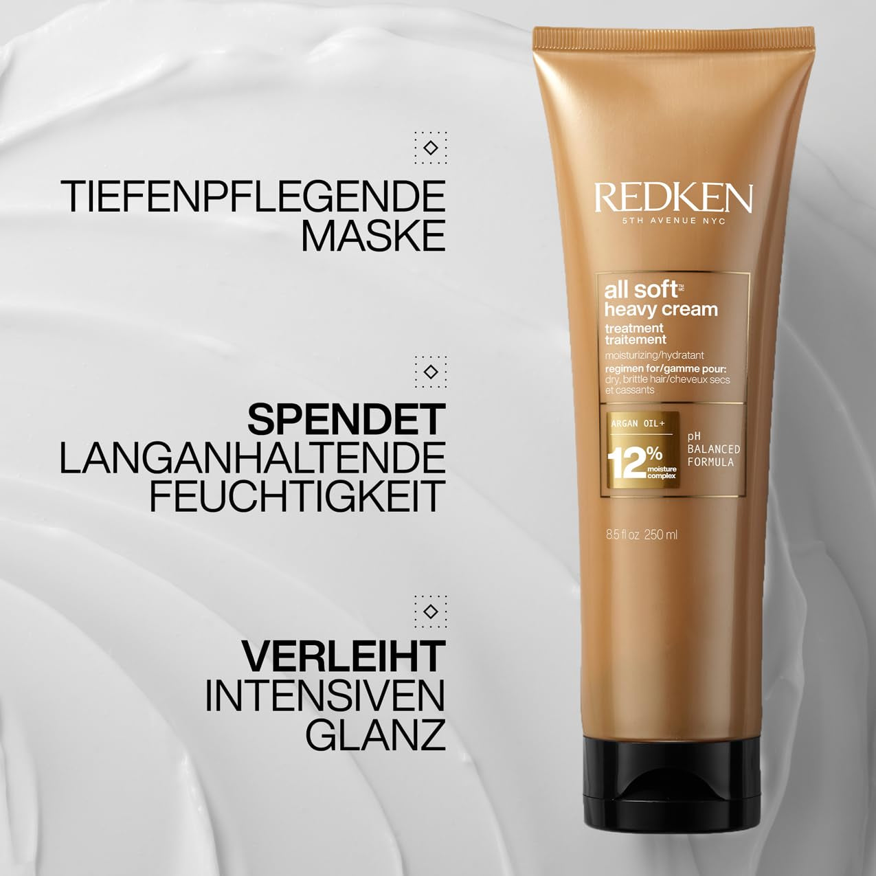 Redken hårmask för torrt och sprött hår, vitaliserar och återfuktar, med keratinkomplex och arganolja, helt mjuk, tung kräm, 1 x 250 ml Naty Shop hårmask