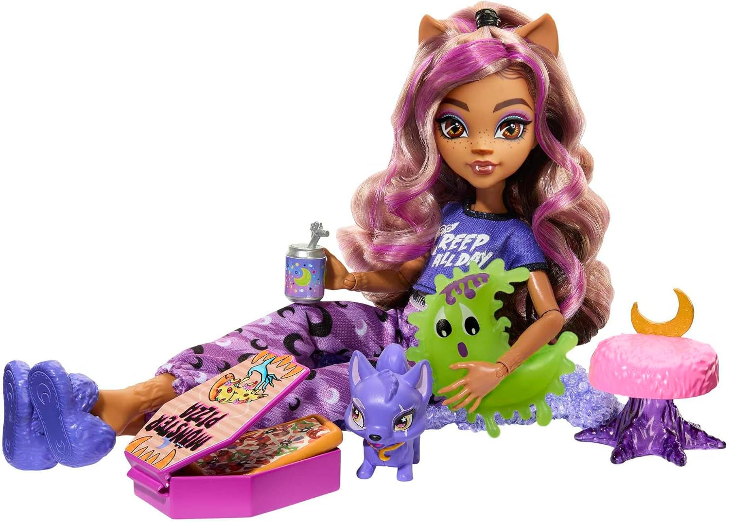MONSTER HIGH Doll and Sleepover Accessories, Clawdeen Wolf Doll with Pet Cat, Crescent, Creepover Party, HKY67