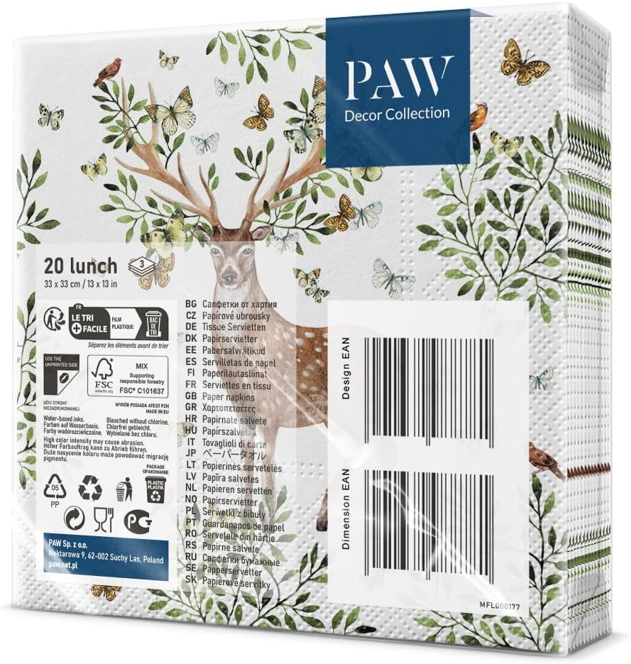 PAW - 3-lagers servetter (33 X 33 Cm) I 20 delar I Perfekt för barns födelsedagar, fester, nattvarder och helgdagar I Färgglada pappersservetter med festmotiv I Djur, glädje, fest - horn