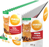 IAMS Delights våt kattmat med saftigt nötkött och gelémorötter - komplett våtfoder för vuxna katter, 24 påsar x 85 g