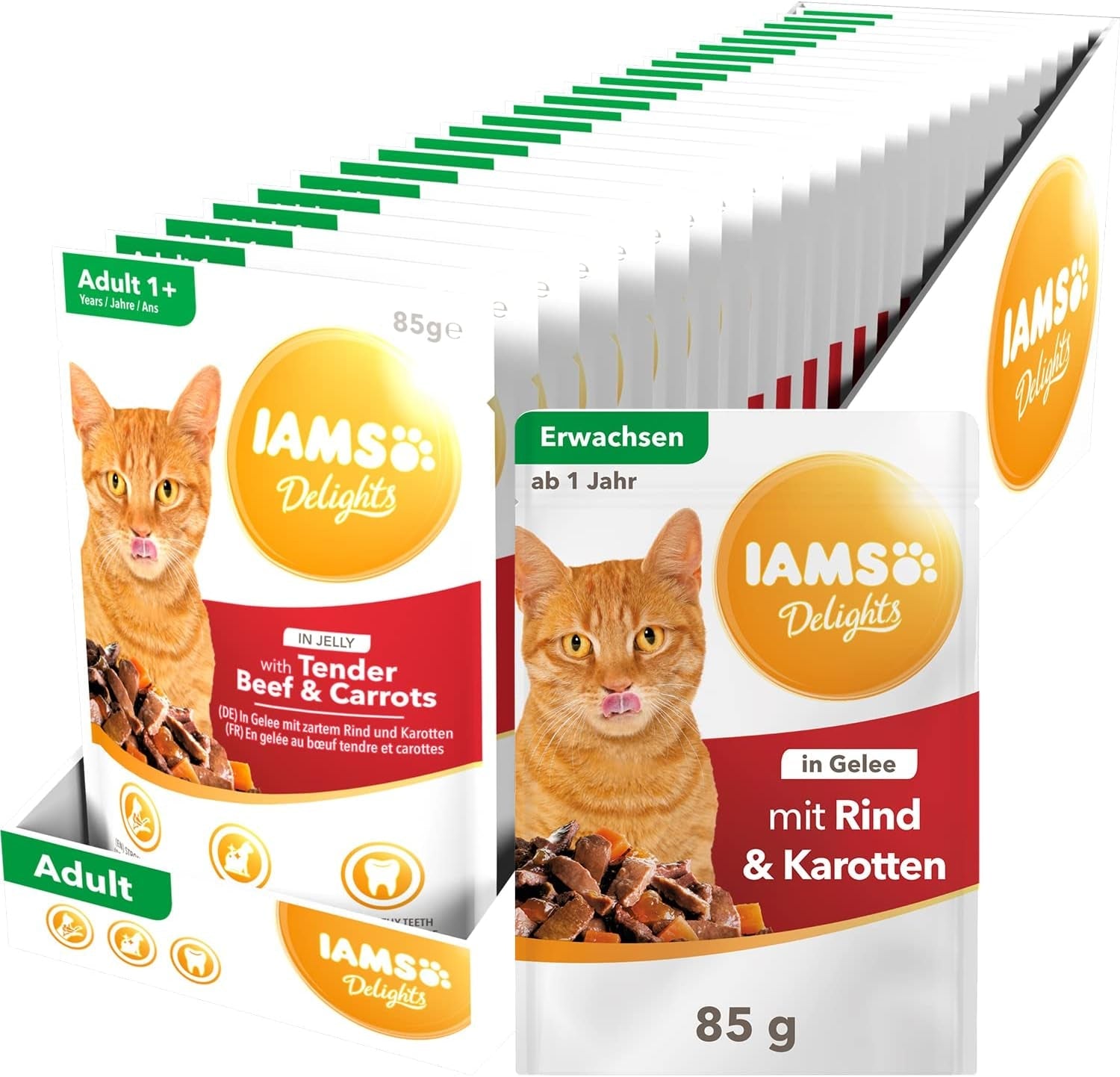 IAMS Delights våt kattmat med saftigt nötkött och gelémorötter - komplett våtfoder för vuxna katter, 24 påsar x 85 g