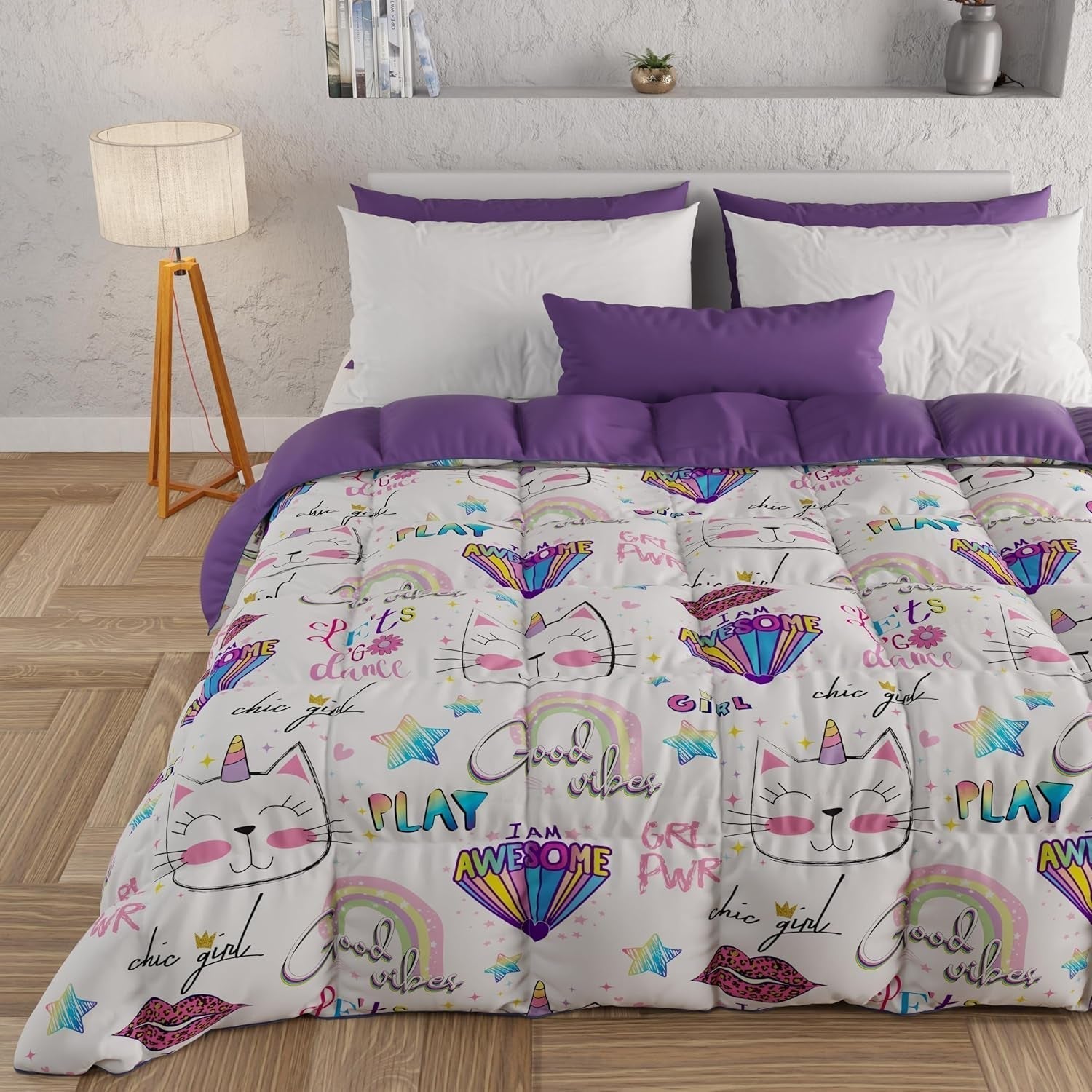 PETTI Artigiani Italiani - Vintertäcke, Vintertäcke, Doubleface, Monocolor och digitalt tryck, 100 % hypoallergen mikrofiber, Made in Italy Täcken och täcken Naty Shop Girls' kattungar 160 X 190 Cm