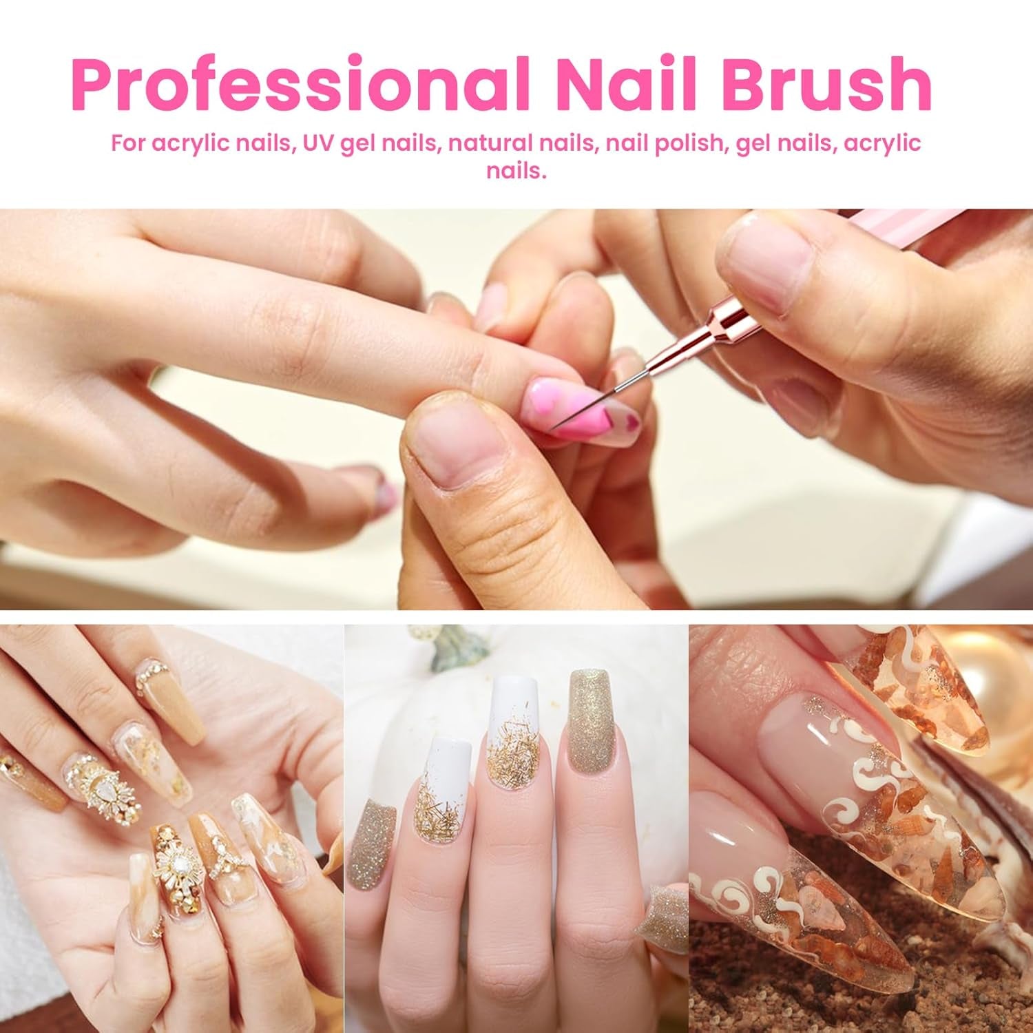 6 Stück Liner Nailart Pinsel Nageldesign Pinsel Set Dünn Acryl Nagelpunkt-Zeichenwerkzeug Nägel Dünne Nagelpinsel Set Für Lange Linien, Dünne Details, Feines Zichnen 5/7/9/11/15/25 Mm（Rosa）
