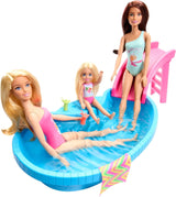 Barbiedocka och tillbehör - pool med rutschkana och tillbehör för timmar av nöje i solen, rosa baddräkt med tropisk design, för barn från 3 år, HRJ74 Naty Shop Dollhouses