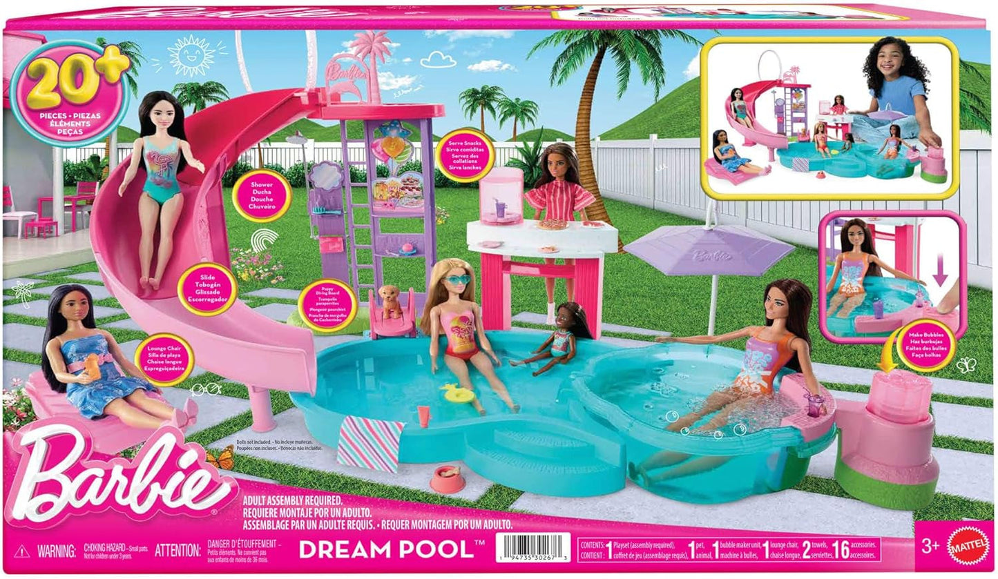 Barbie Dream Pool Playset med sex lekområden inklusive en rutschkana och jacuzzi, plus över 20 tillbehör som ett husdjur, simringar och mer, JKG83