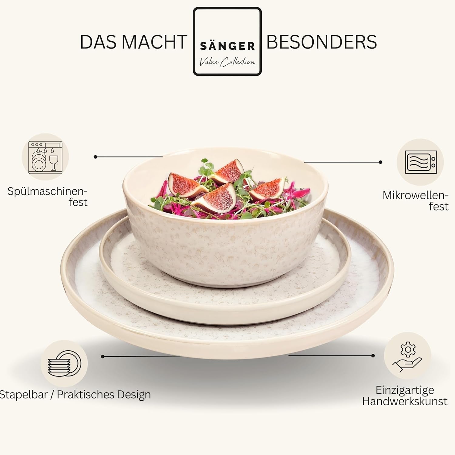 SÄNGER Key West | Stengods servisset 24-delat mattallrik set för 6 6 middagstallrikar spannmålsskålar Desserttallrikar Pasta skålar Cream serviser med sandig textur | VÄRDESAMLING