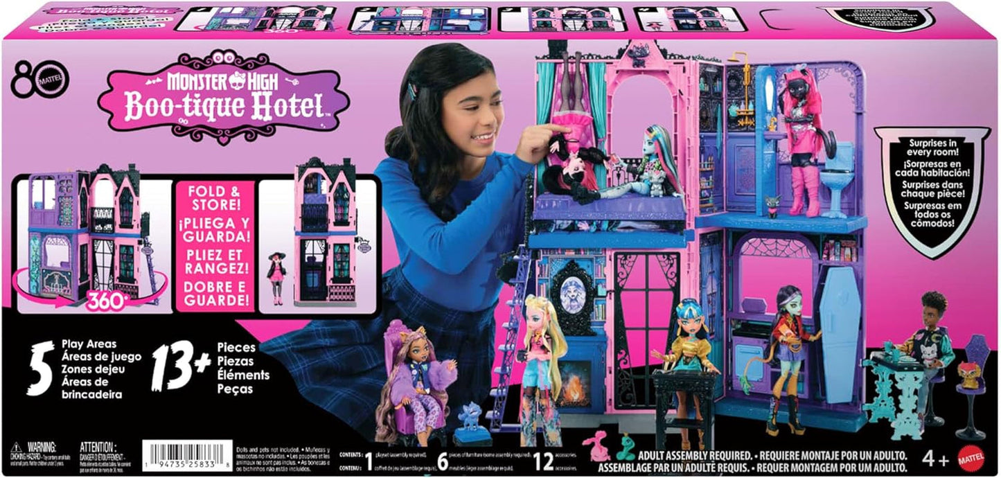 Monster High Buh-tique Hotel Dollhouse, hopfällbart lekset med läskiga överraskningar i varje rum och 13+ lekset, inklusive möbler och tillbehör, JBF16