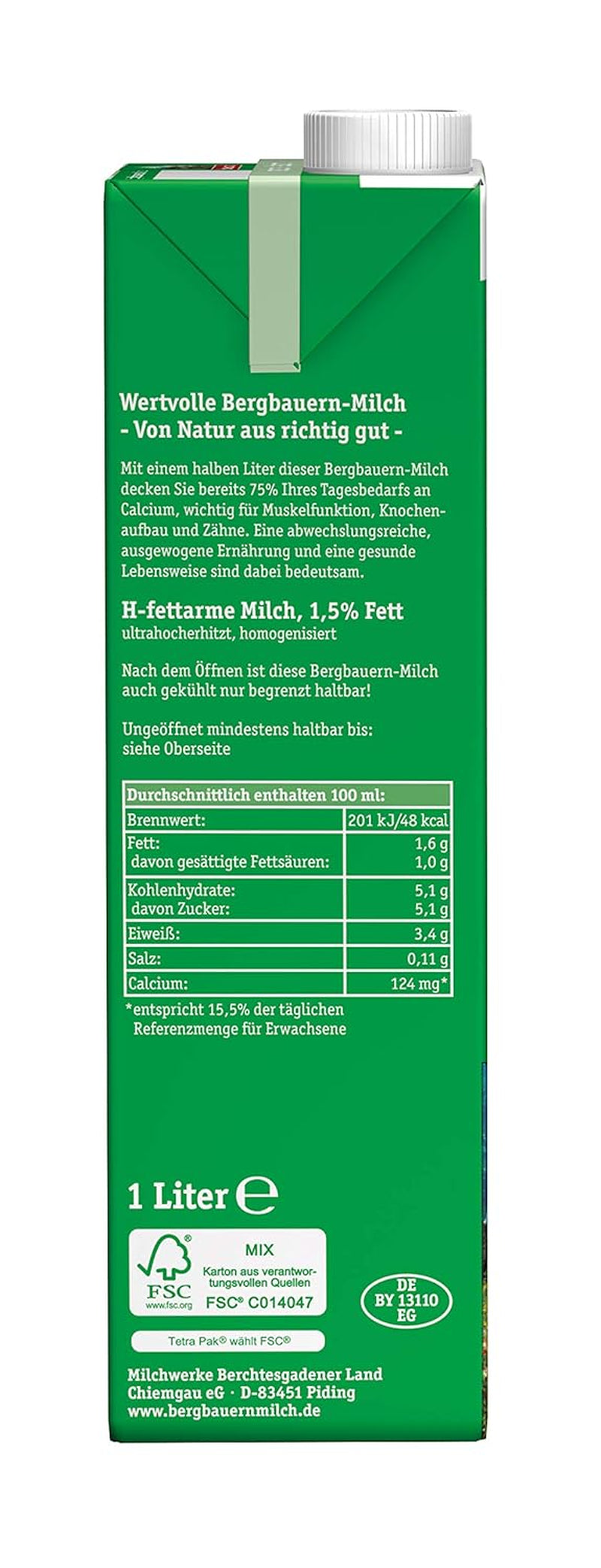 Berchtesgadener Land Haltbare Bergbauern-Milch, 1,5 % fett, 12er Pack (12 x 1 l)