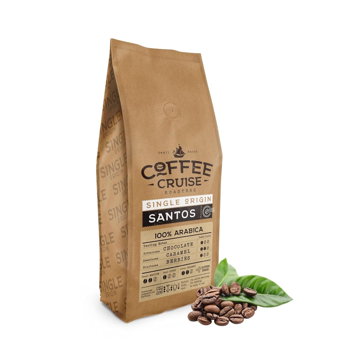 COFFEE CRUISE Santos Kaffeebohnen 1kg - Mittlere Röstung - Aroma Caramel - Für All Kaffeemaschinen - 100% arabiska