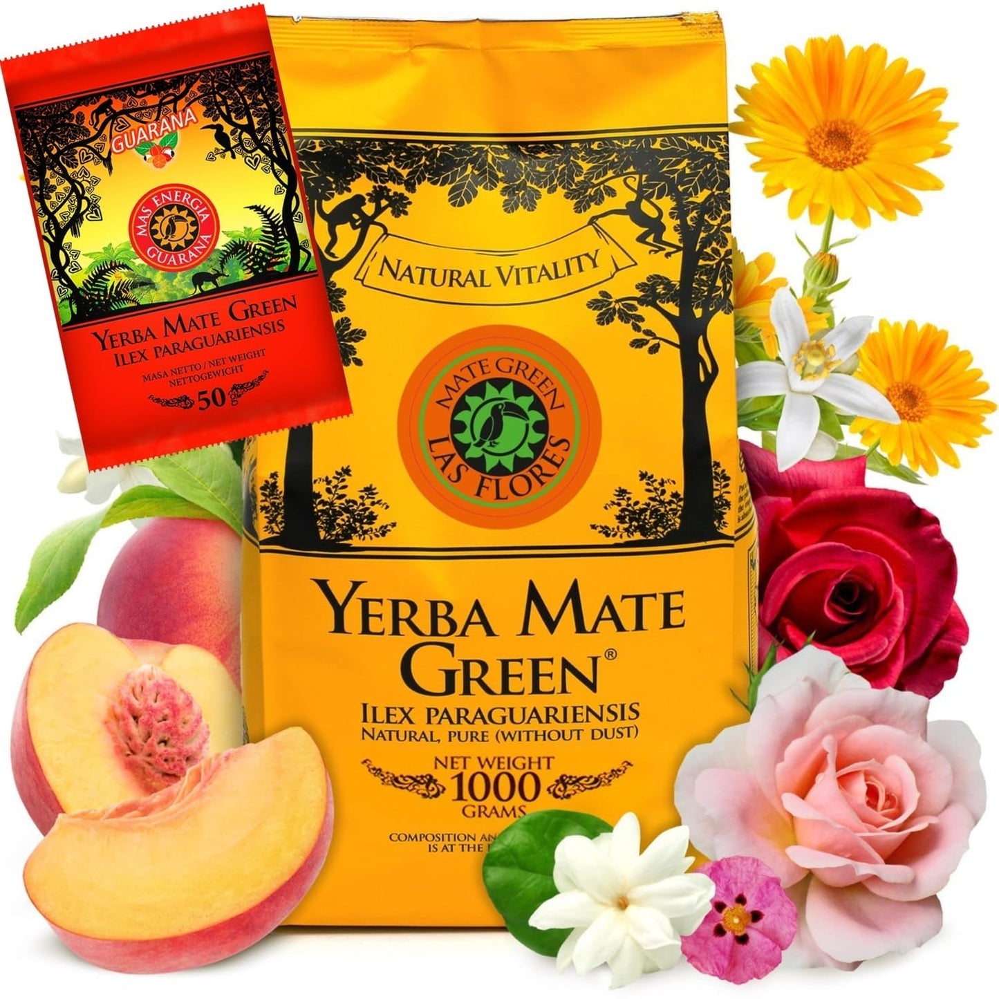 Yerba LAS FLORES 1 kg ● Yerba Mate-te med brasilianska persikor ● Jasmin ● Mate-te från mateblad ● Naturliga smaker ● Yebra Mate-te med guarana 50 g ● Yerba Mate-te med hela blad 1050 g ● Veganskt
