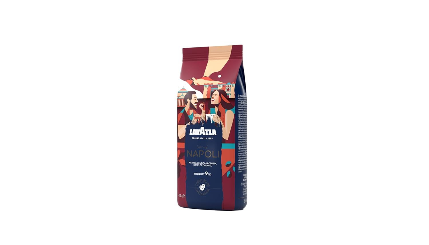 Lavazza, Tales of Napoli, kaffebönor, idealiska för espressomaskiner, med aromatiska toner av kakao och karamell, Arabica och Robusta, intensitet 9/10, intensiv rost, 450 g