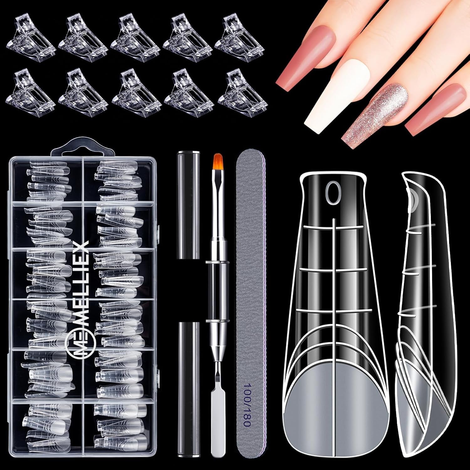 120 st nagelformsset, nagelförlängningar, gelnagelformer, nagelformset med dubbelhuvudborste och nagelfil med clips, för gelnaglar