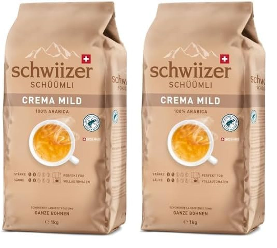 Schwiizer Schüümli Crema Mild, 100 % premium Arabica-kaffebönor, fruktiga och nötiga, för helautomatiska kaffemaskiner, 2/5 styrka, lättrostad, Rainforest Alliance-certifierad, 1 kg (förpackning med 2)