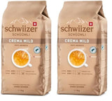 Schwiizer Schüümli Crema Mild, 100 % premium Arabica-kaffebönor, fruktiga och nötiga, för helautomatiska kaffemaskiner, 2/5 styrka, lättrostad, Rainforest Alliance-certifierad, 1 kg (förpackning med 2)