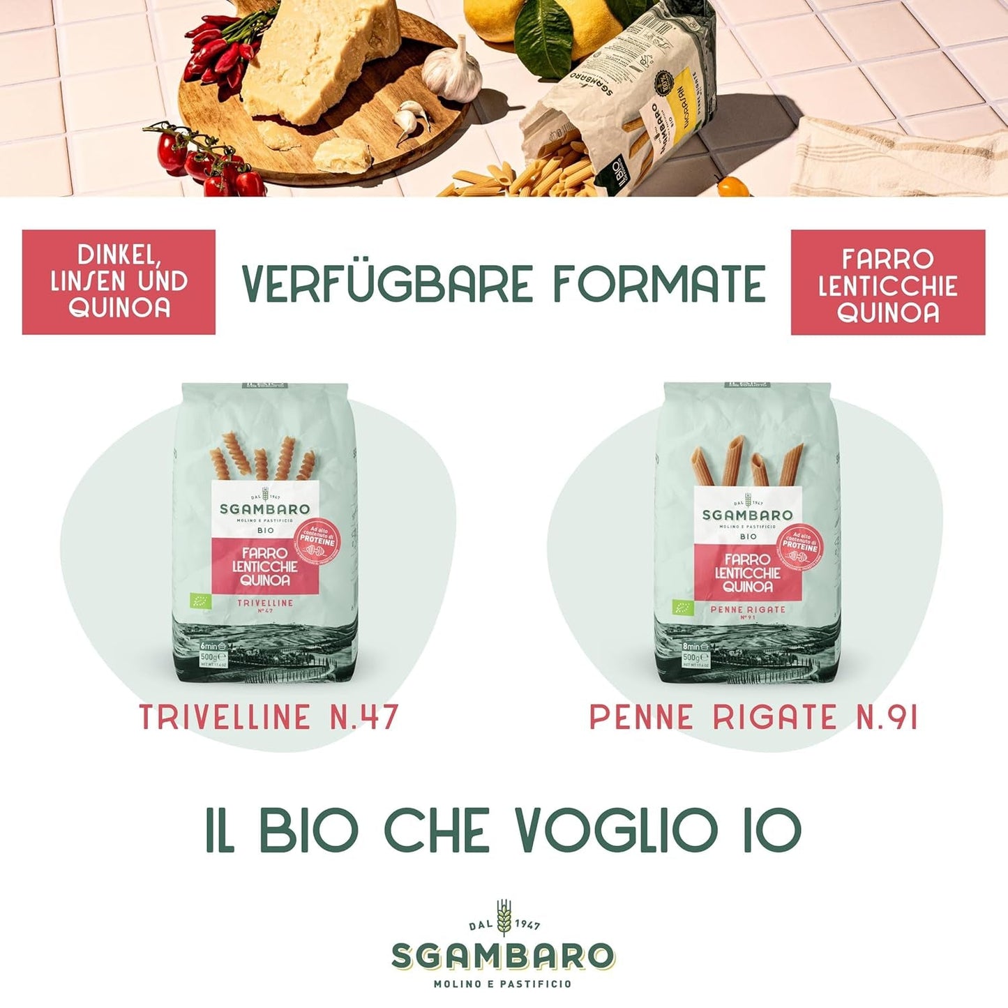 Ekologisk Penne Rigate Pasta N.91 - 500g med dinkelmjöl, linsmjöl och quinoamjöl - Rik på protein, källa till fiber och protein