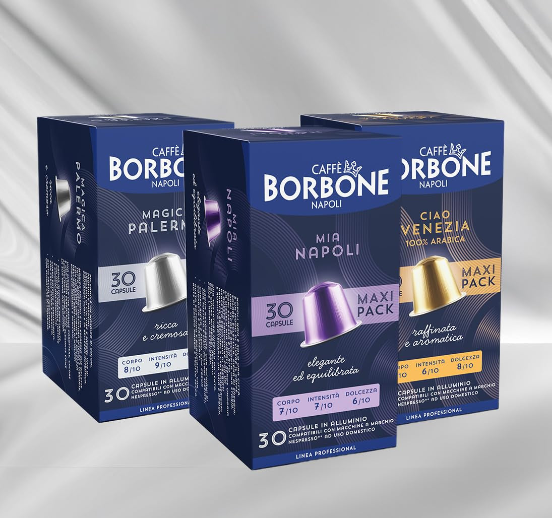 Caffè Borbone Verkostung Kit, 90 aluminiumkapslar: 30 Mia Napoli, 30 Ciao Venezia, 30 Magica Palermo, (3 x 30 Stück) – Kompatibel med Kaffeemaschinen für den Hausgebrauch av märket Nespresso®*