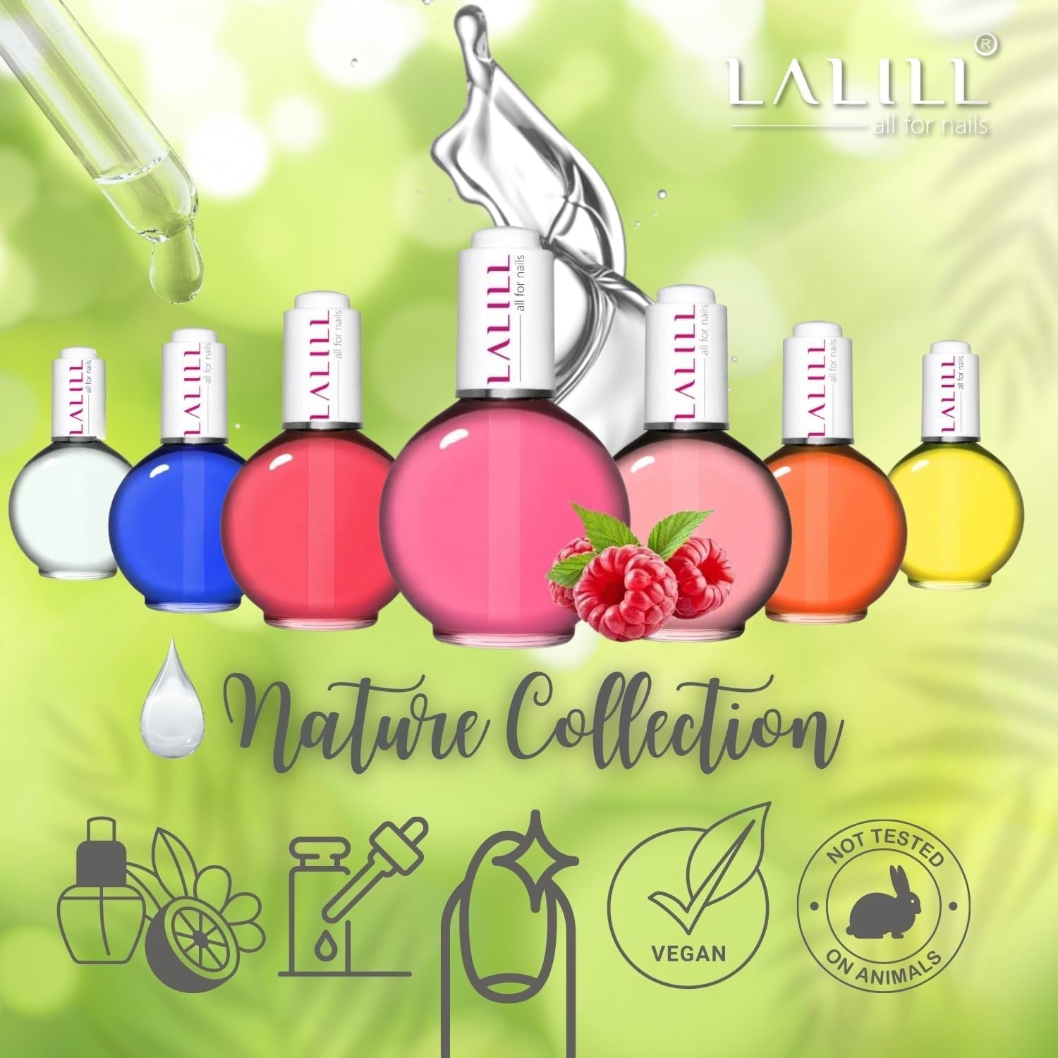 LALILL Nagelbandsolja 75Ml - Himbeere Nagelpflegeöl - Nagelöl Pflege Für Nägel Nagelhaut - SPA Maniküre Nageldesign Hände - Vegansk - Med pipett