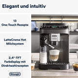 De'Longhi Magnifica Evo Next - Perfetto helautomatisk espressor med LatteCrema mjölkskummare, 13 One-Touch-drycker, kaffe- och cappuccinobryggare, färgpekskärm, titan (ECAM312.80.TB)