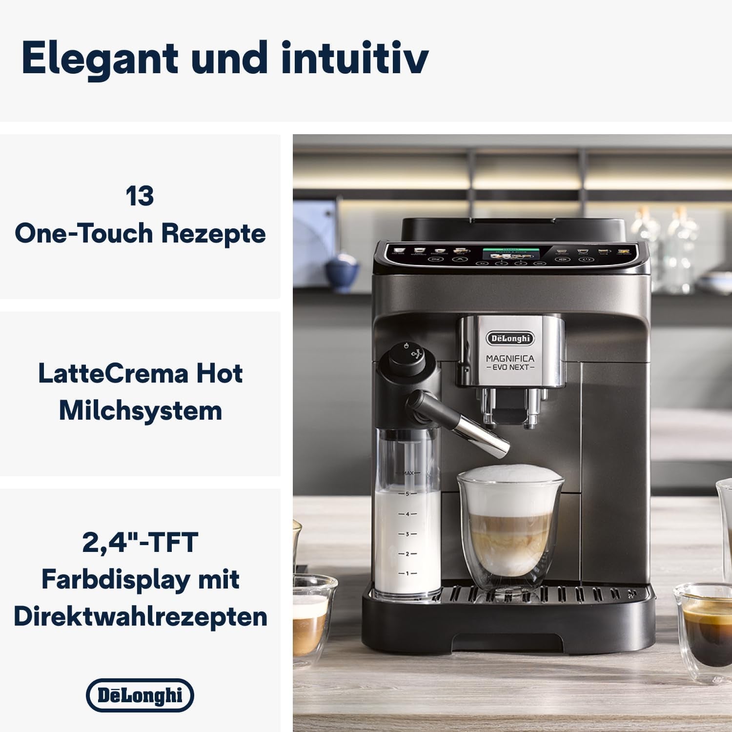 De'Longhi Magnifica Evo Next - Perfetto helautomatisk espressor med LatteCrema mjölkskummare, 13 One-Touch-drycker, kaffe- och cappuccinobryggare, färgpekskärm, titan (ECAM312.80.TB)
