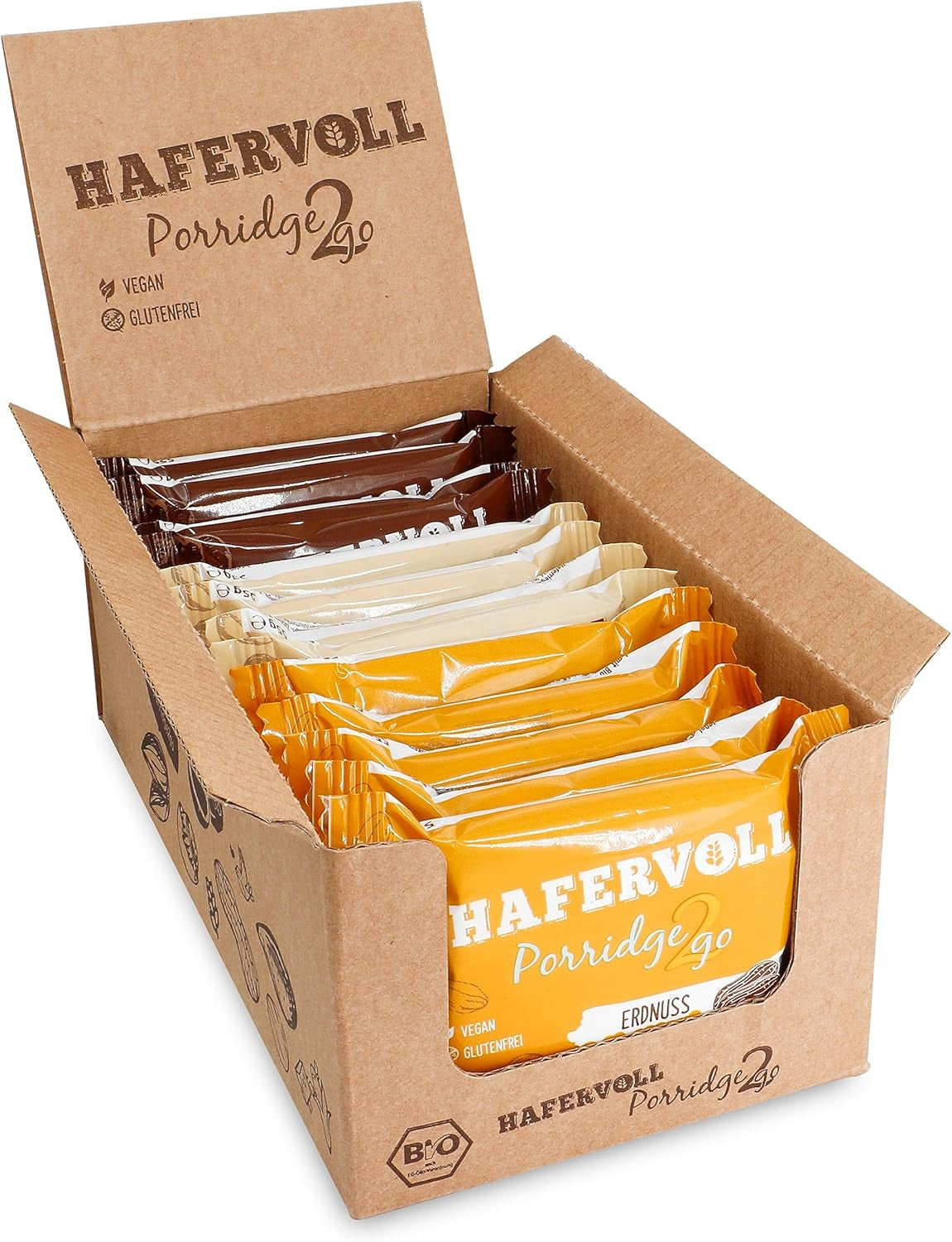 Hafervoll Porridge2go jordnötssmör och nötter, 13 barer x 55 g - vegansk, ekologisk, glutenfri, utan tillsatt socker mellanmål, med havre, dadlar och quinoagodis