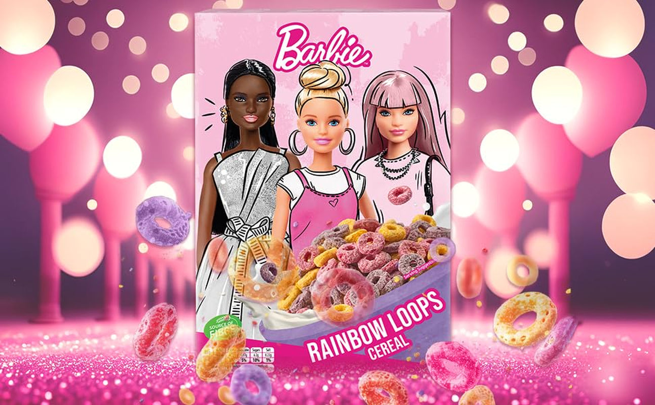 Barbie Rainbow Loops flingor, färgglada ringar av vete, havre och majs med fruktsmak för den perfekta frukosten, 1 förpackning (1 x 350g)
