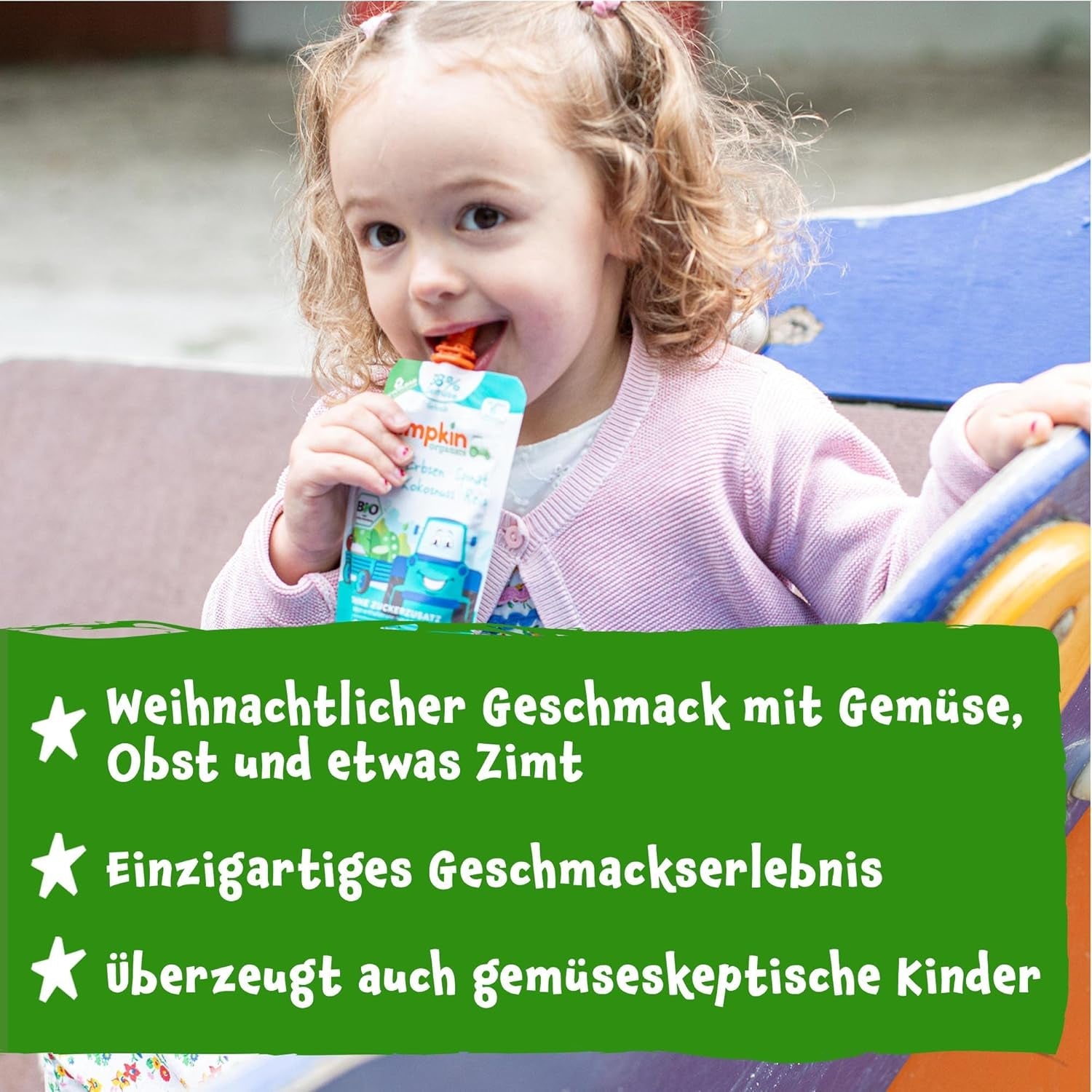 Pumpkin Organics Bio Gemüse-Getreide-Quetschie Kürbis, Birne, Apfel, Pflaume, Hafer ohne Zuckerzusatz¹ - ab 8 Monaten - als Snack eller Beikost für unterwegs (100g)