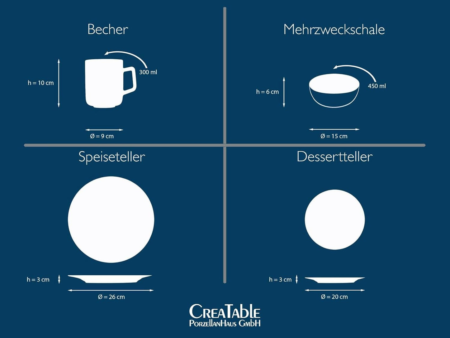 CreaTable, 20149, Nordic Fjord Blue Series, 16-delat servisset för 4, kombinerad porslinsservice, diskmaskin och mikrovågssäker, kvalitetstillverkning