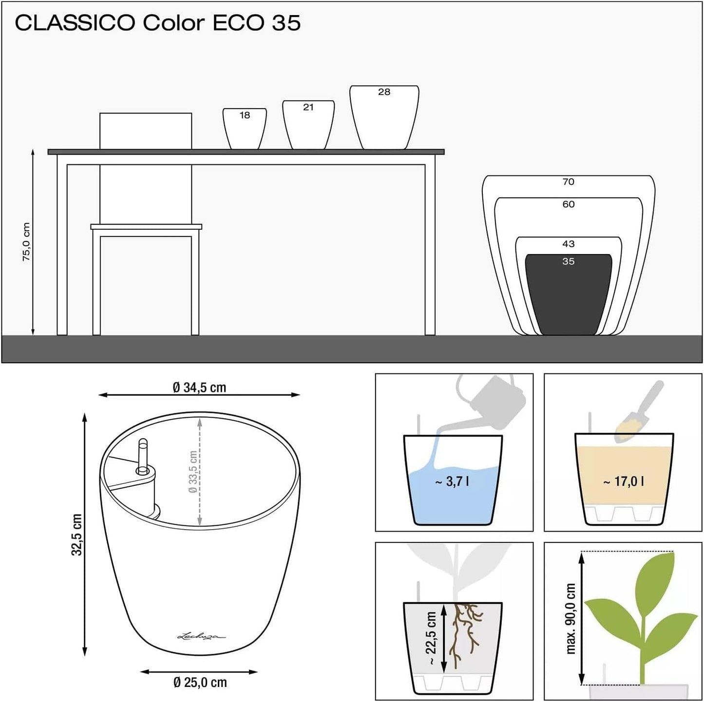 LECHUZA Classico Color ECO 35 ljusgrå blomkruka med bevattningssystem och vattennivåindikator | Tillverkad av 100 % återvunnen plast | Matt finish | Ø 34,5 x 32,5 cm | 18930