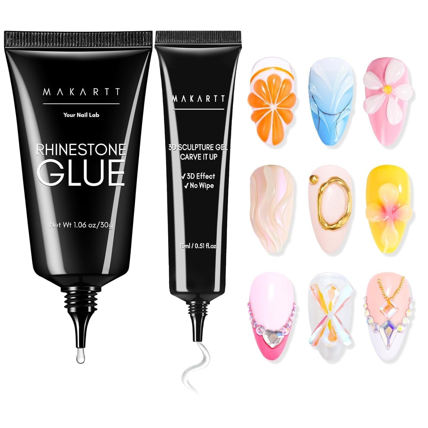 Makartt Rhinestone Adhesive Gel - 15ml UV Nagellim Set med Rosa Nail Charms Heart Circle Nail Smycken och Nageldesign Tillbehör för Hemmanikyr Alla hjärtans dag present