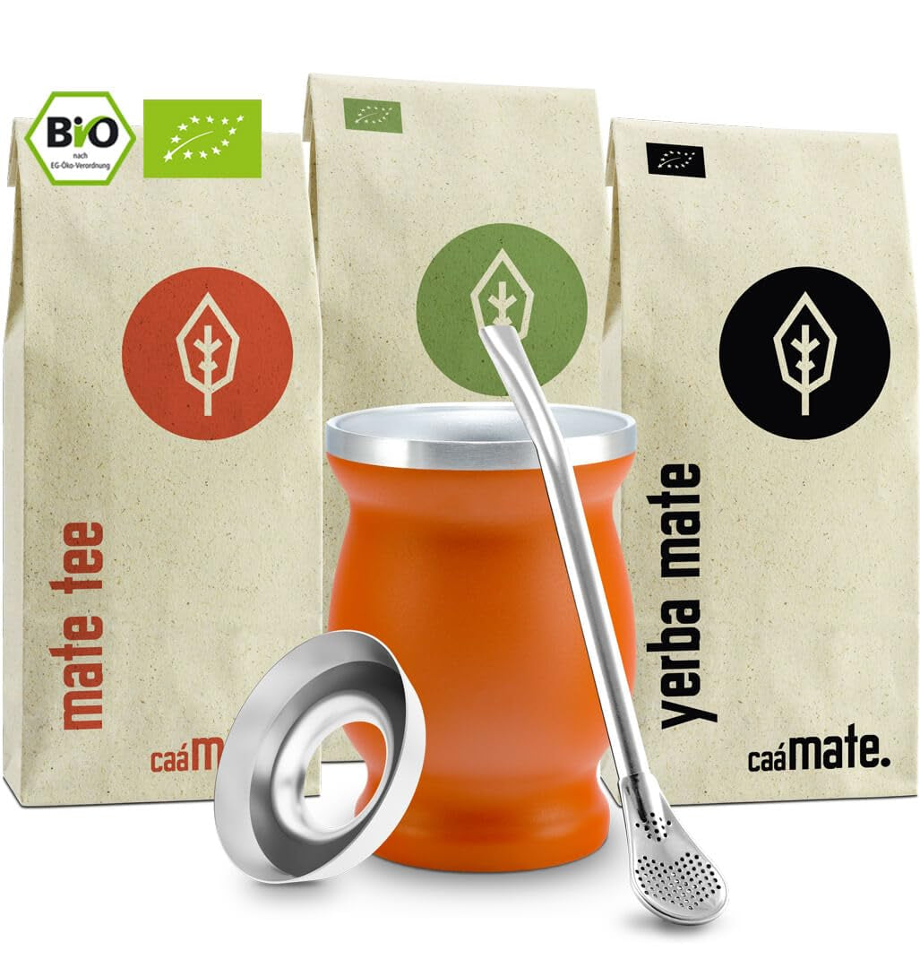 Mate Bio Tea Set ● 3 sortiment av Mate + Dubbelväggig Mate-mugg i rostfritt stål + Bombilla + Brygganvisningar (svart)