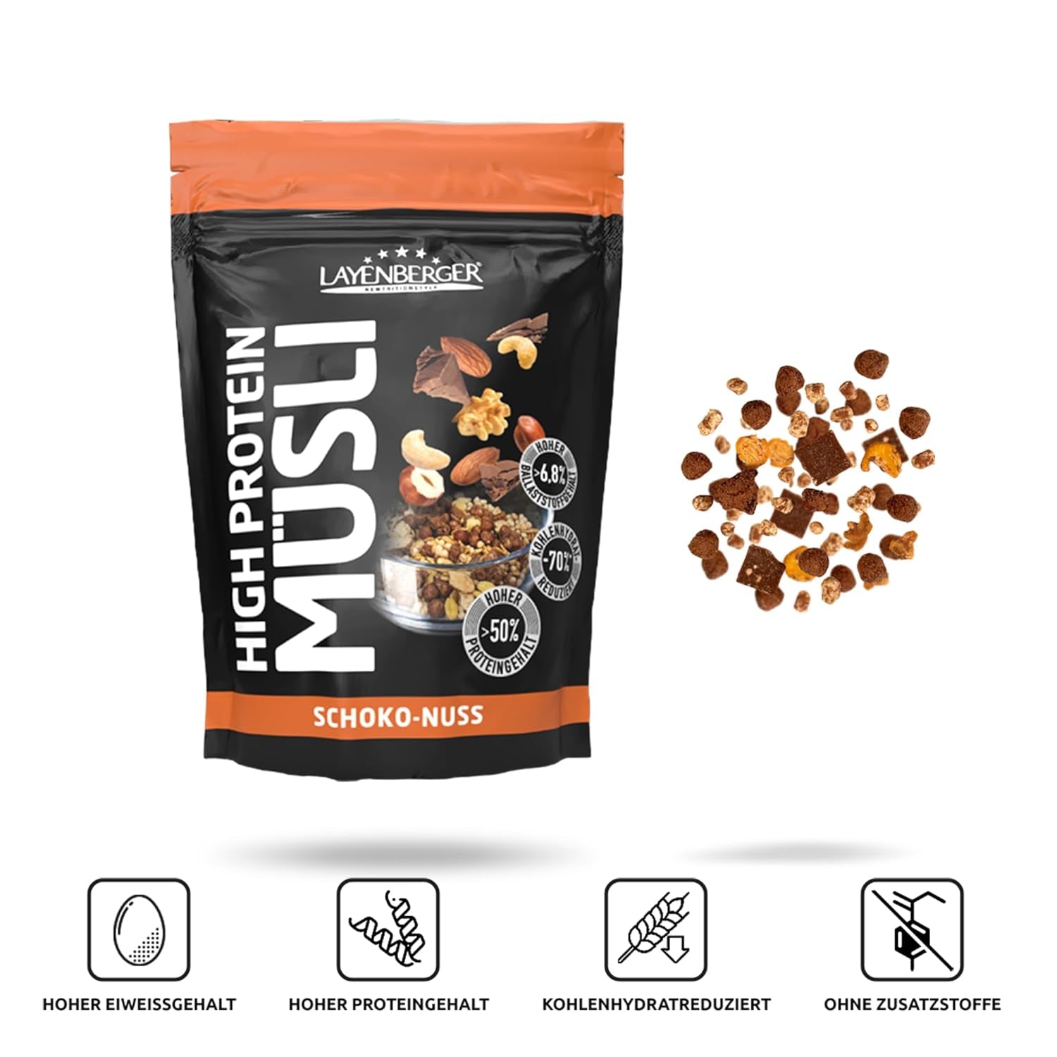 Layenberger 3K högproteinmüsli, 50% Eiweiß och 18% Kohlenhydrat - Enkelpack (1X 390 G) - Schoko-Nuss Cereale Naty Shop