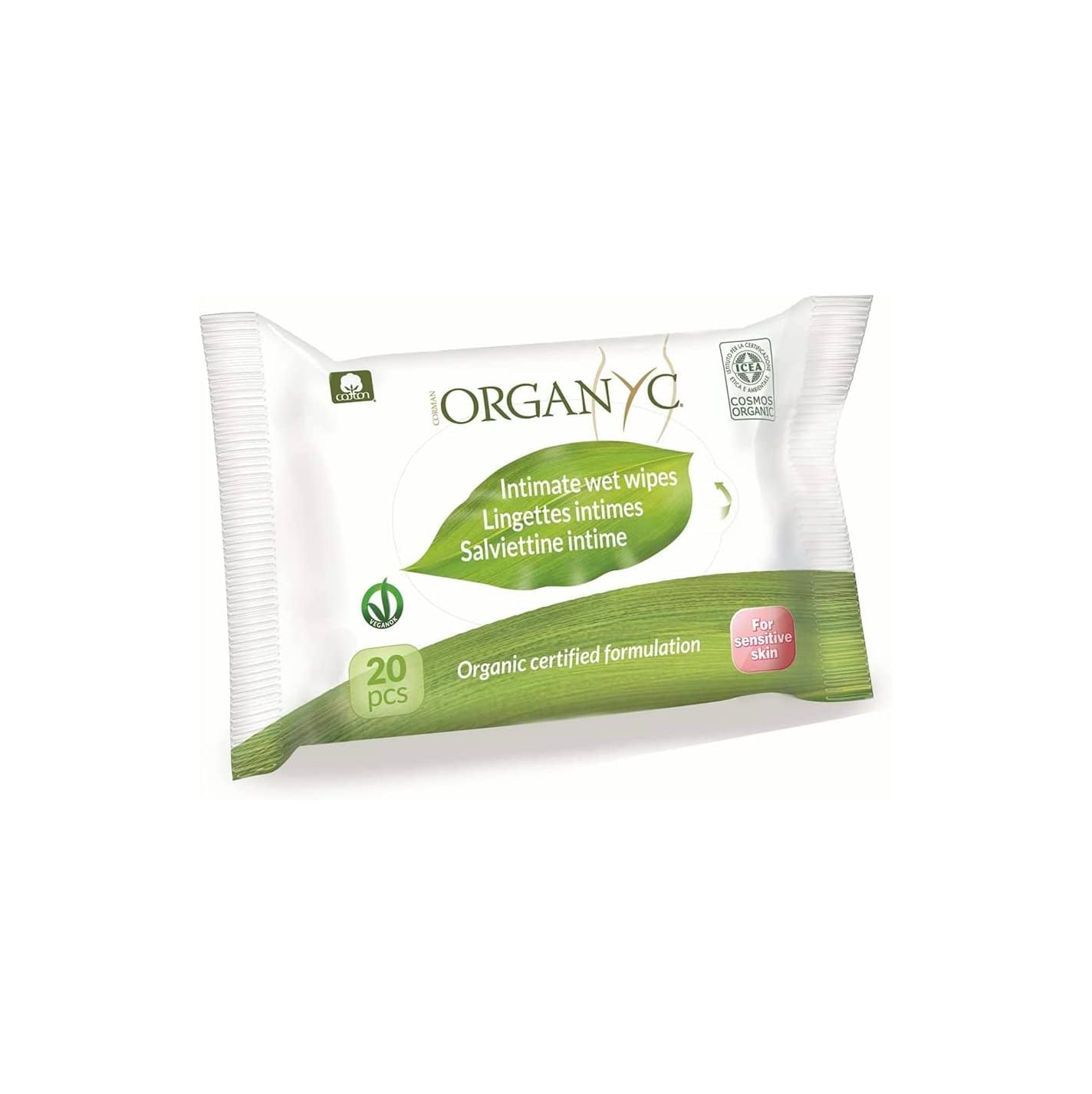 Organyc Moist Intimate Wipes, gjorda av 100 % certifierad ekologisk bomull - 4 förpackningar med 20 våtservetter (80 våtservetter totalt)