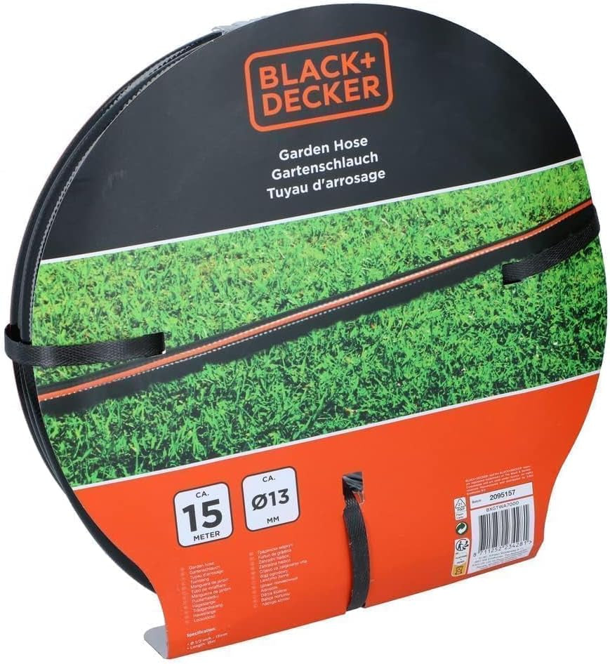 BLACK+DECKER Trädgårdsslang 15 meter - Ø13MM - Slitstark PVC - Vattna trädgården, tvätta bilen, fylla poolen - Kompatibel med alla vanliga kranar - Svart/Orange