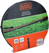 BLACK+DECKER Trädgårdsslang 15 meter - Ø13MM - Slitstark PVC - Vattna trädgården, tvätta bilen, fylla poolen - Kompatibel med alla vanliga kranar - Svart/Orange