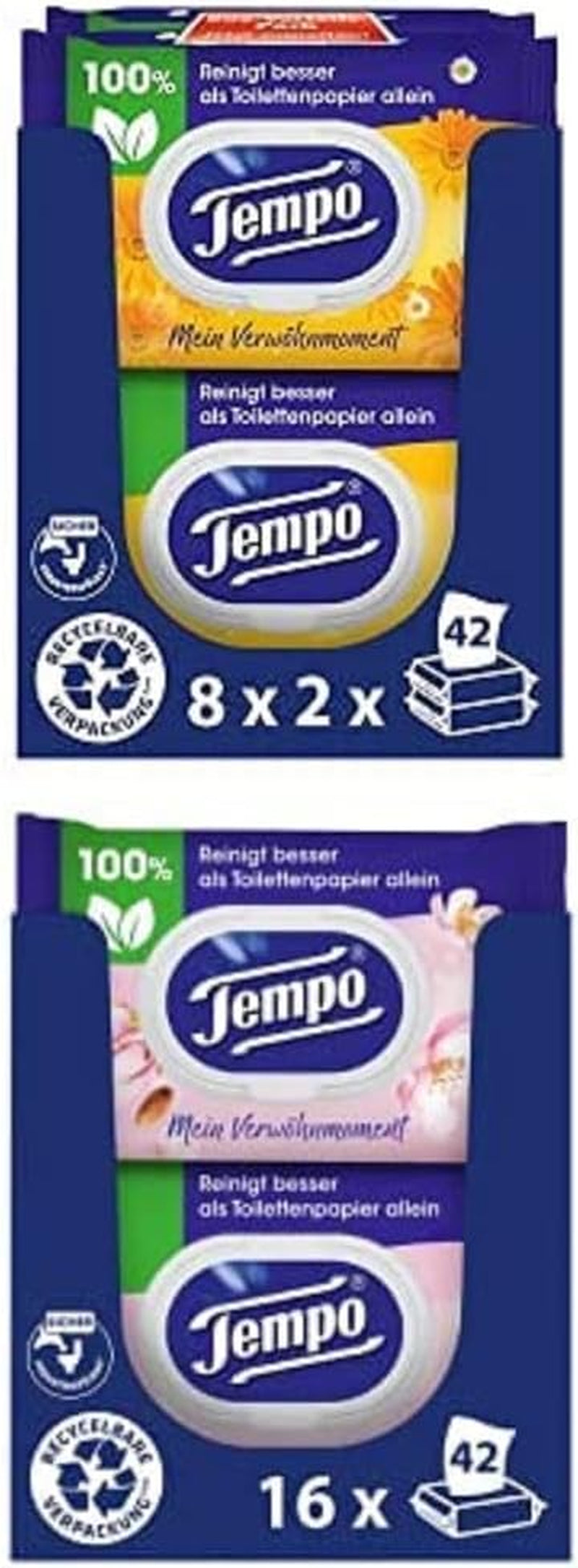 Förpackning med Tempo Moist My Pampering Moment Calendula Toalettservetter (16 stycken) och Tempo Moist Toilet Wipes Mandelmjölk & Panthenol (16 stycken)