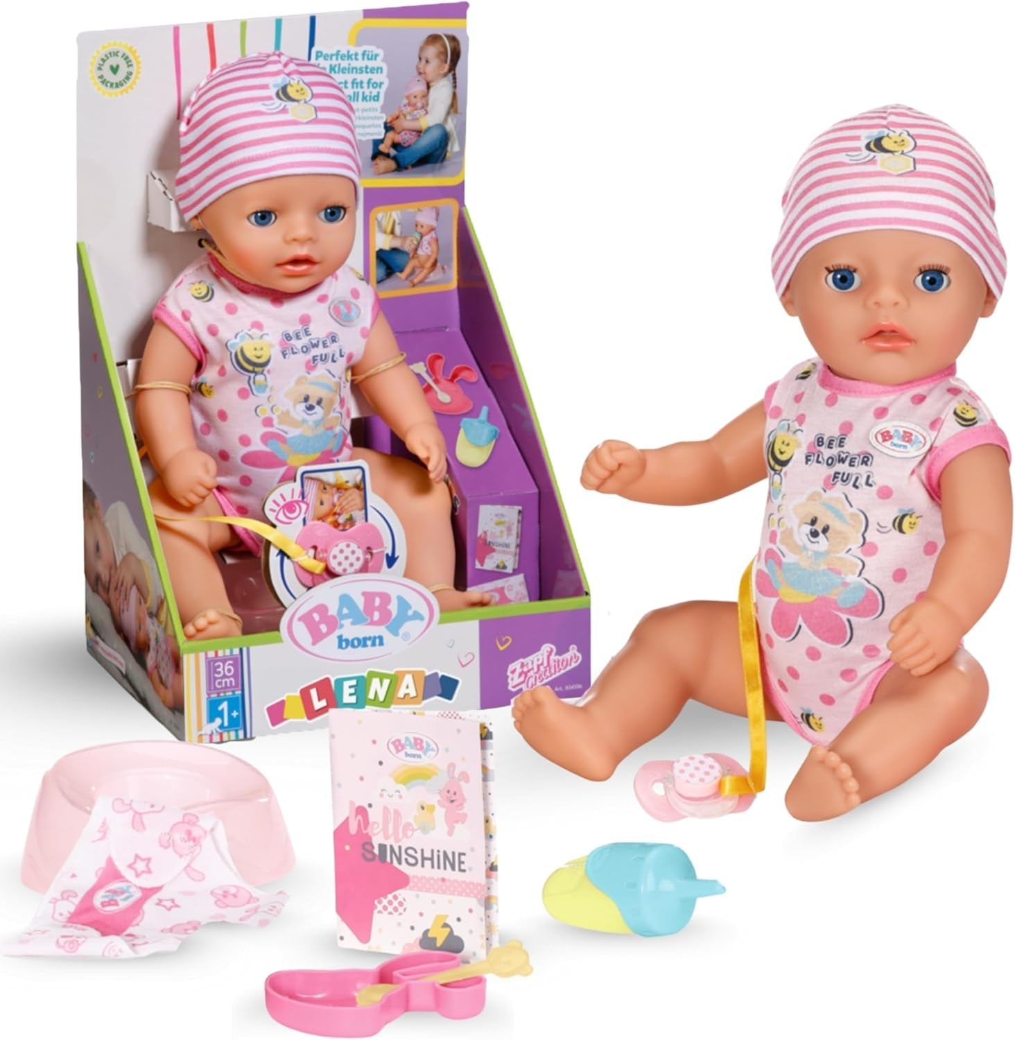 Baby Born Lena babydocka (Girl) - 36 cm - 7 funktioner inklusive tillbehör och madrass - Fungerar helt utan batterier - Passar små barn från 1 år