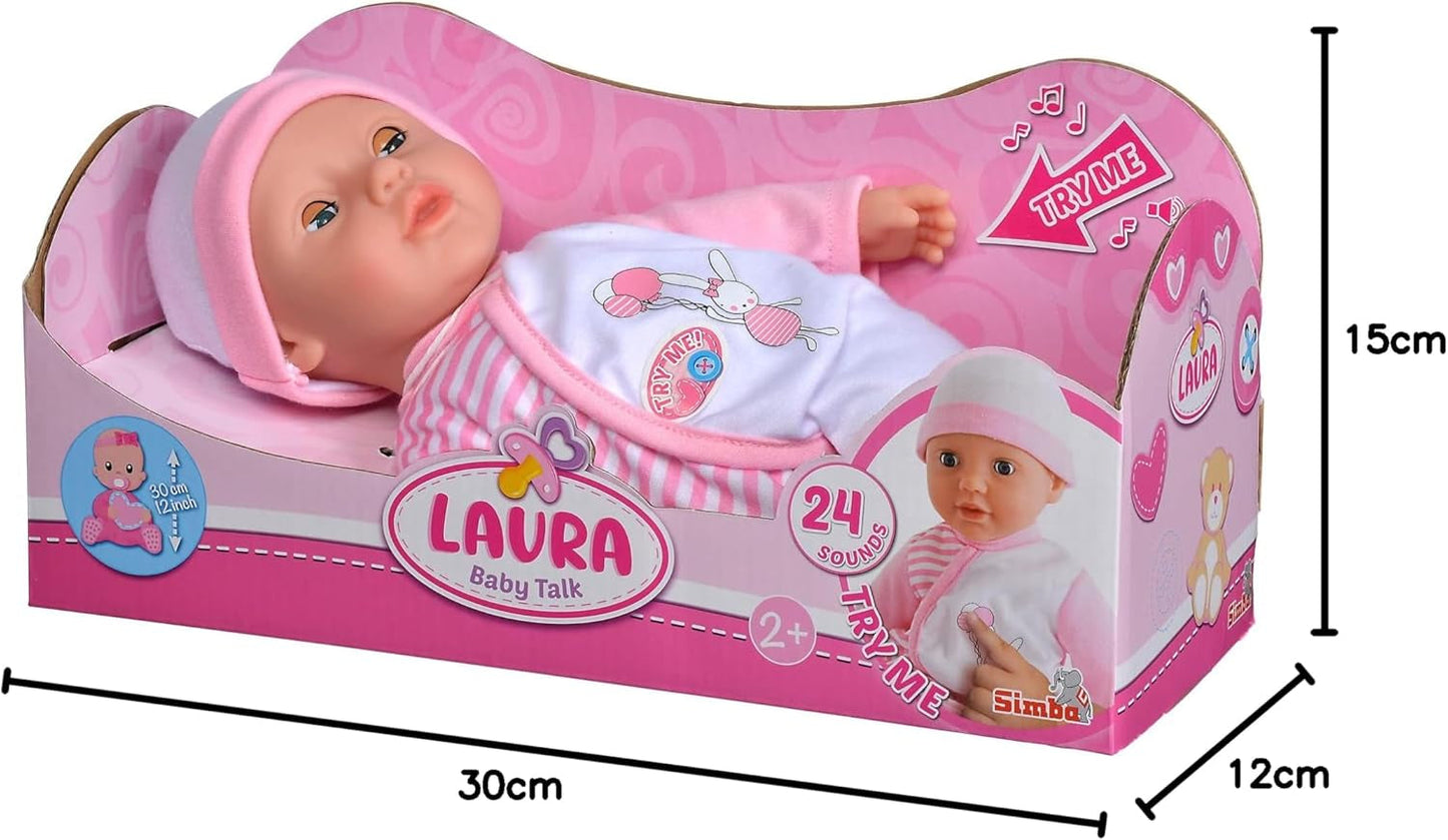 Simba 105140020 - My Love Baby Talk mjuk kroppsdocka med sömniga ögon i söt klänning Ger 24 babyljud 30 cm babydocka från 2 år Vit Rosa Naty Shop Dolls